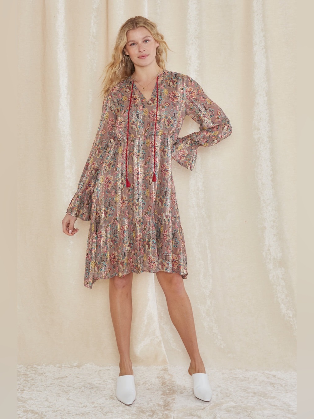RAGA Anahita Midi Dress Floral Tiered Long-Sleeve Dress NWT MSRP $245